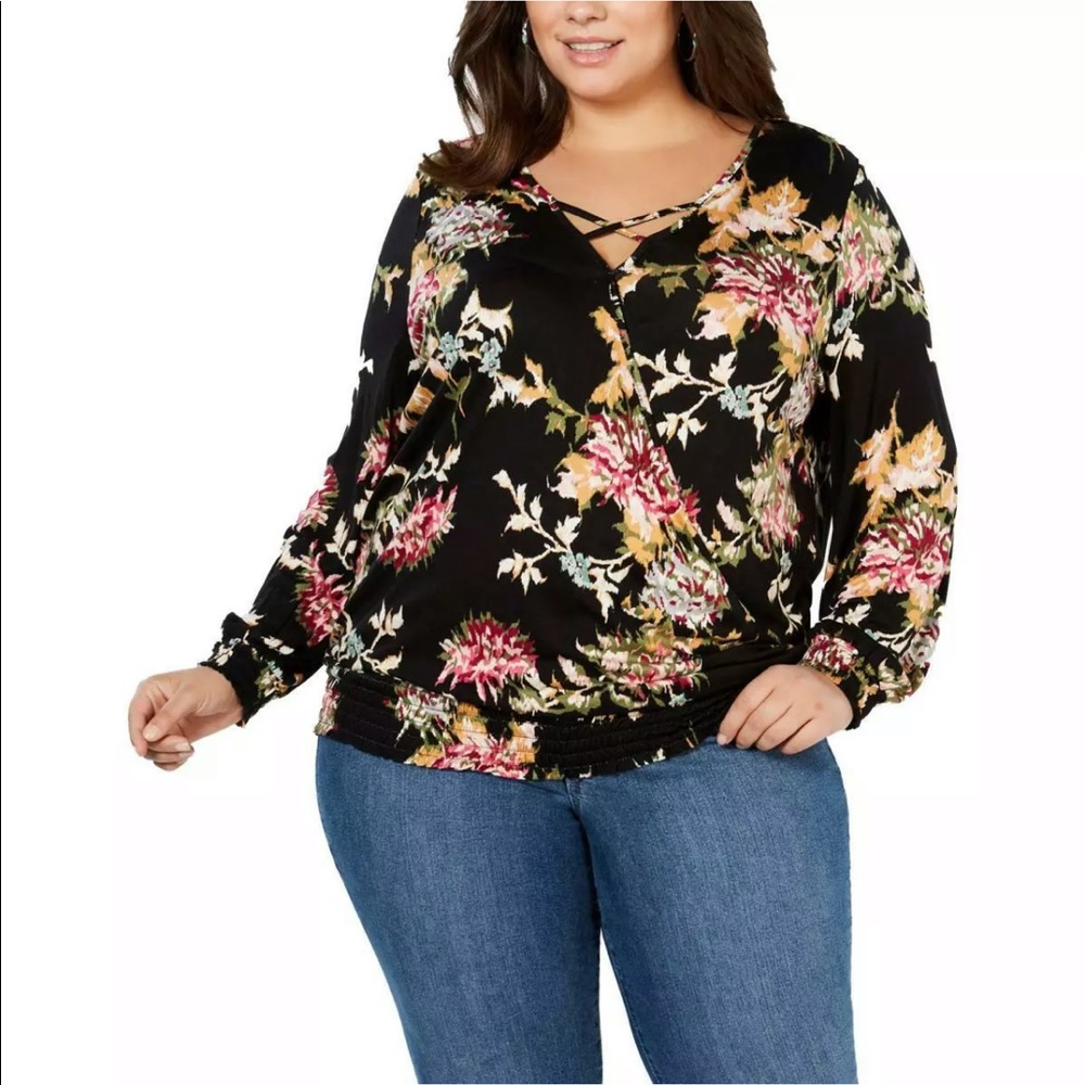 Style & Co  Floral Smocked V-Neck Wrap Top 3X